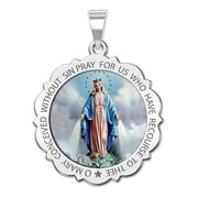 Miraculous Medal Scalloped Round Color - 2/3 inch x 2/3 inch - Solid 10K White Gold