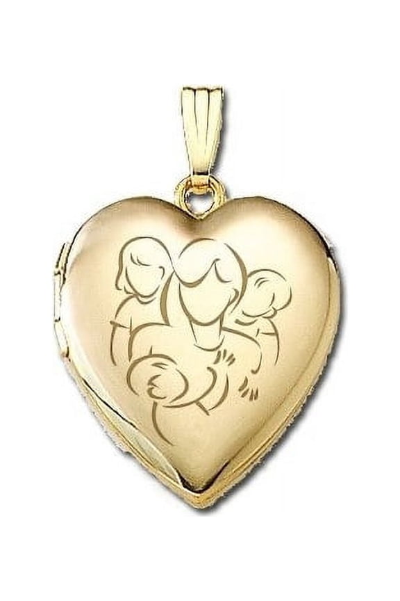 "Mom with Daughter and Two Sons" Locket 3/4 inch x 3/4 inch in Solid 14K Yellow Gold