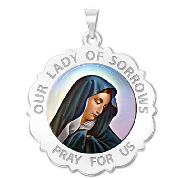 Picturesongold.Com Our Lady Sorrows Scalloped Round Religious Medal Adult- 1 inch - Sterling Silver