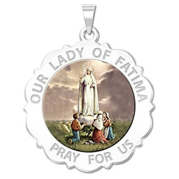 Picturesongold.Com Our Lady of Fatima Scalloped Round Religious Medal Color Necklace Pendants - 3/4 inch Size of a Nickel -Sterling Silver