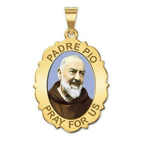 Picturesongold.Com Padre Pio - Scalloped OVAL Color Necklace Pendants - 2/3 x 3/4 inch Size of Nickel, Solid 14K Yellow Gold