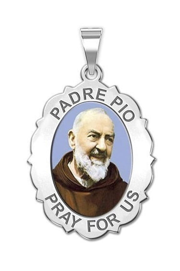 Padre Pio - Scalloped Oval Unisex Adult - 1/2 x 2/3 inch Size of Dime, Sterling Silver
