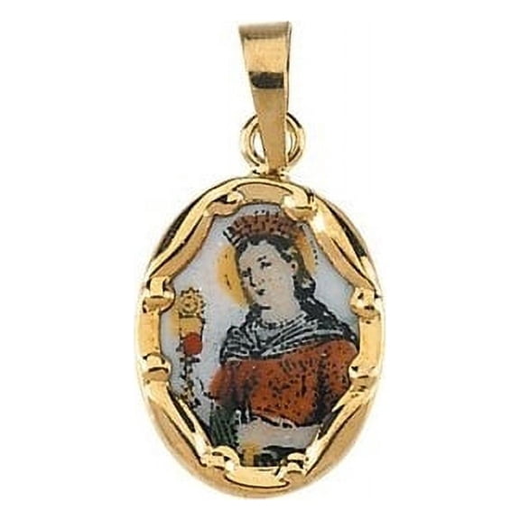 Picturesongold.Com Porcelain Saint Barbara Religious Unisex Adult Medal Necklace Pendant - Solid 14k Yellow Gold 2/3" x 1/2 inch (17.0mm x 13.5mm)