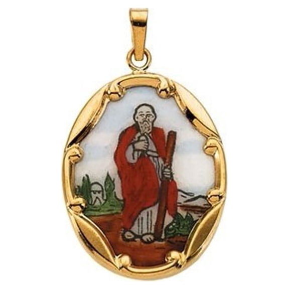 Picturesongold.Com Porcelain Saint Jude Religious Unisex Adult Medal Necklace Pendant Solid 14k Yellow Gold 2/3" x 1/2 inch (17.0mm x 13.5mm)