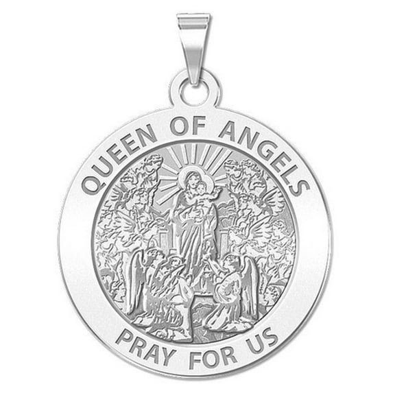 Picturesongold.Com Queen of Angels Religious Medal Necklace Pendants - 2/3 inch Size of Dime, Solid 14K White Gold