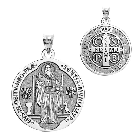 Picturesongold.Com Saint Benedict Round Religious Medal Necklace Pendants Unisex Adult - 10k White Gold - 1 x 1 Inch