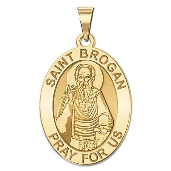 Picturesongold.Com Saint Brogan Round Religious Medal Necklace Pendants - Oval - 2/3 x 3/4 inch Size of Nickel, Solid 14K Yellow Gold