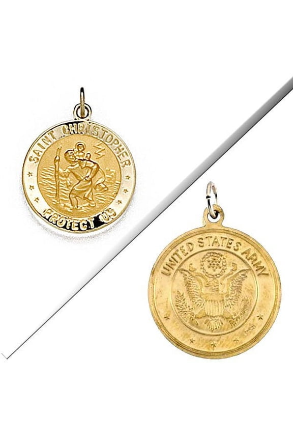 Saint Christopher Double Sided US Army Religious Medal 2/3 Wide inch x 2/3 inch Tall - 14K Yellow Gold