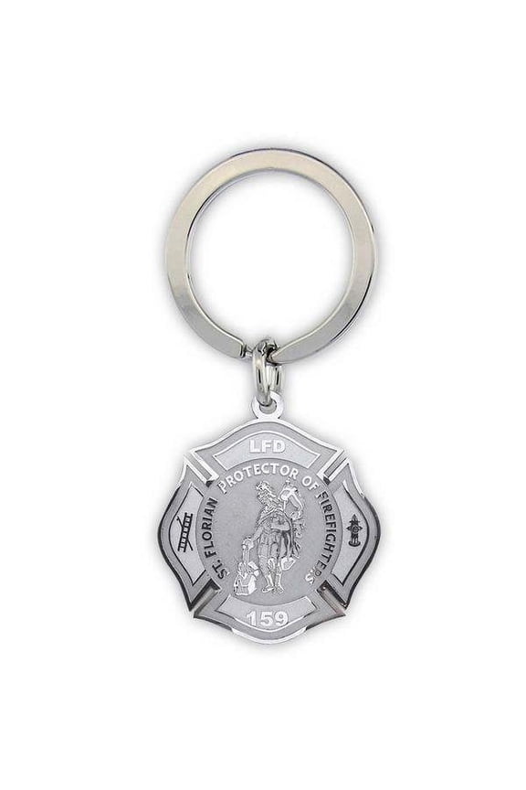 Saint Florian Badge Religious Engravable Keychain - 1 1/4 inch x 1 1/4 inch - Sterling Silver