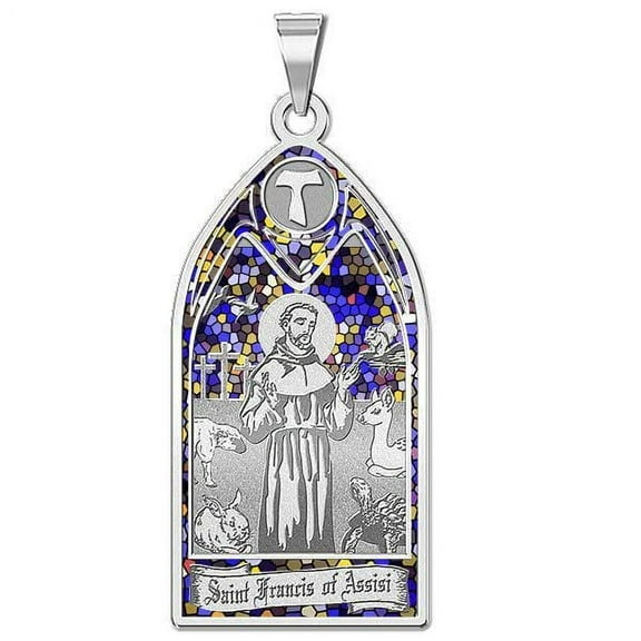 PicturesOnGold.com Saint Francis of Assisi-Stained Glass Religious Medal Unisex Adult Necklace Pendants-Sterling Silver-17mm