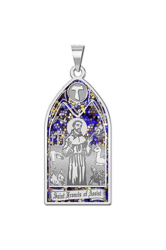 Saint Francis of Assisi-Stained Glass Religious Medal Unisex Adult Necklace Pendants-Sterling Silver-17mm