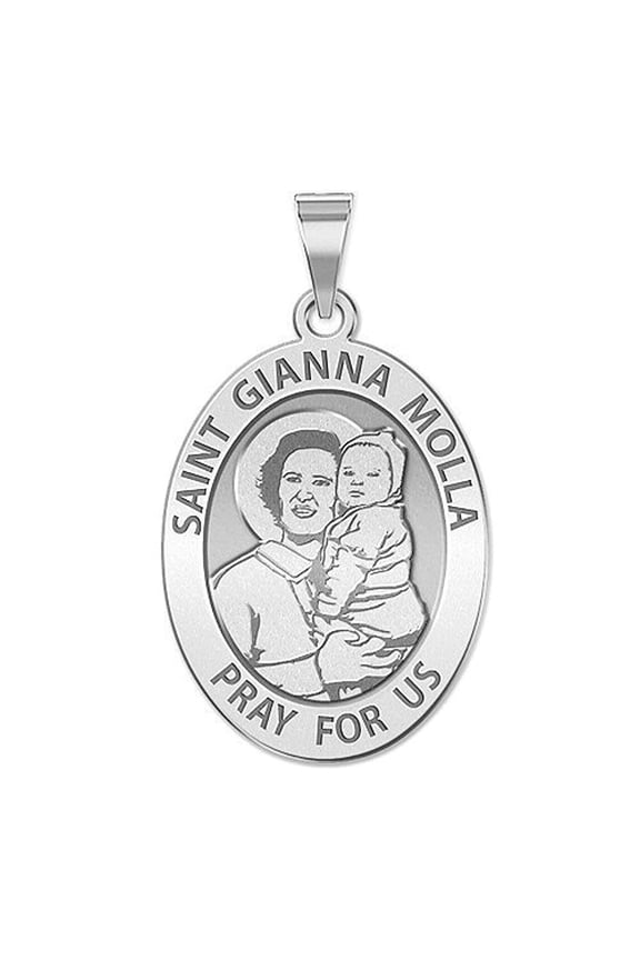 Saint Gianna Beretta Molla Oval Religious Medal Necklace Pendants Unisex Adult - 10k White Gold - 1/2 x 2/3 in