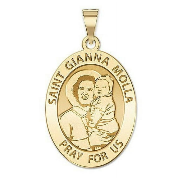 Picturesongold.Com Saint Gianna Beretta Molla Oval Religious Necklace Pendants Medal - 1/2 x 2/3 inch Size of Dime, Solid 14K Yellow Gold