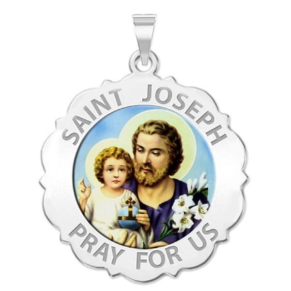 Picturesongold.Com Saint Joseph Scalloped Religious Med Necklace Pendants Female-1 in 14K White Gold