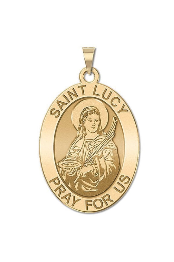 Saint Lucy Religious Medal Necklace Pendants - 1/2 x 2/3 inch Size of Dime, Solid 14K Yellow Gold