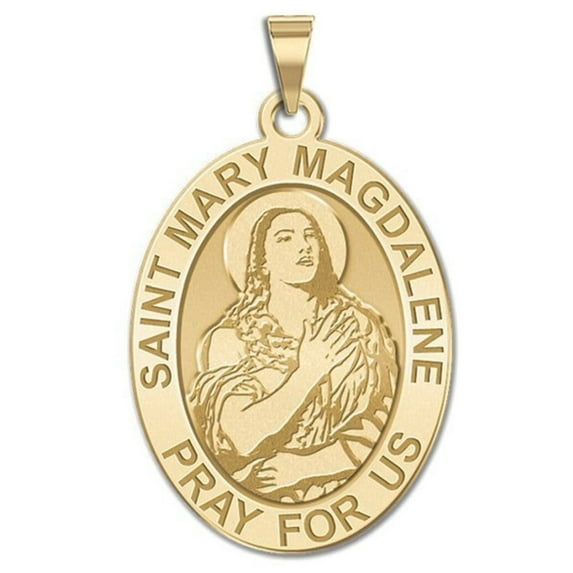 Picturesongold.Com Saint Mary Magdalene Religious Oval Medal Necklace Pendants - 1/2 inch x 2/3 inch - Solid 14K Yellow Gold