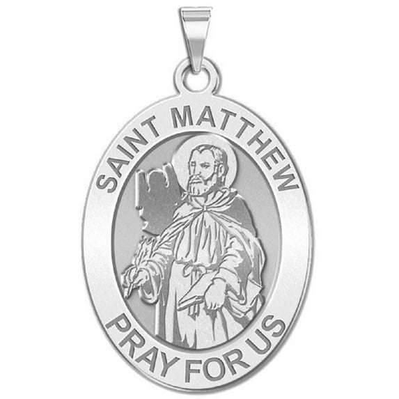 Picturesongold.Com Saint Matthew Oval Religious Medal Female Adult - 1/2 x 2/3 Inch Size of Dime, Solid 14K White Gold