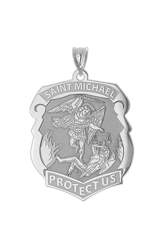 Saint Michael Badge Pendant Necklace - 2/3 x 3/4 inch Sterling Silver