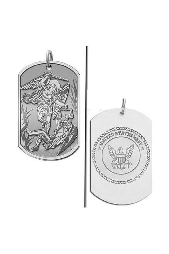 Saint Michael Doubled side Navy Dog tag Religious Medal Necklace Pendants - 2/3 inch x 1 inch - Solid 14K Yellow Gold