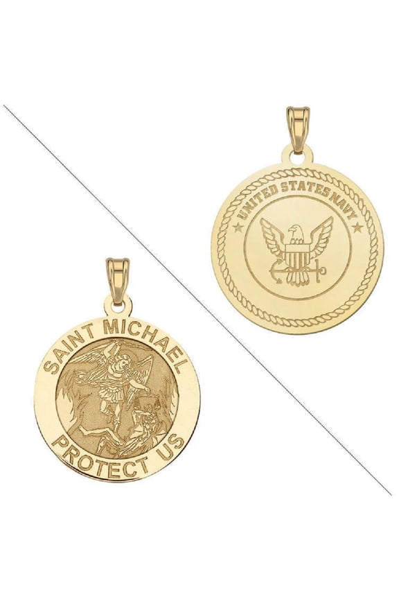 Saint Michael Doubledside Navy Religious Medal Necklace Pendants - 3/4 inch Size of a Nickel - Solid 14K Yellow Gold