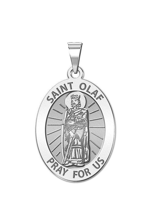 Saint Olaf of Norway Religious Medal Necklace Pendants- 2/3 inch x 3/4 inch - Solid 14K White Gold