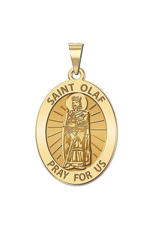 Saint Olaf of Norway Religious Medal Necklace Pendants - 3/4 inch x 1 inch - Solid 14K Yellow Gold