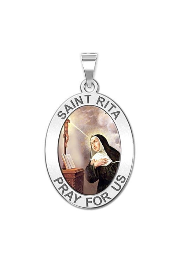 Saint Rita Oval Religious Medal Color Female Adult - 3/4 x 1 inch 14K White Gold