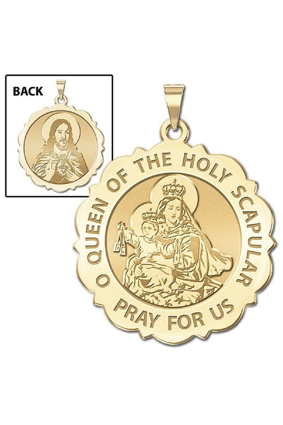 Scapular Scalloped Religious Medal Female Adult- 1 inch 14K Yellow Gold