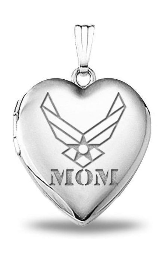 Sterling Silver Air Force Mom Heart Locket Necklace Pendants - 3/4 inch x 3/4 inch