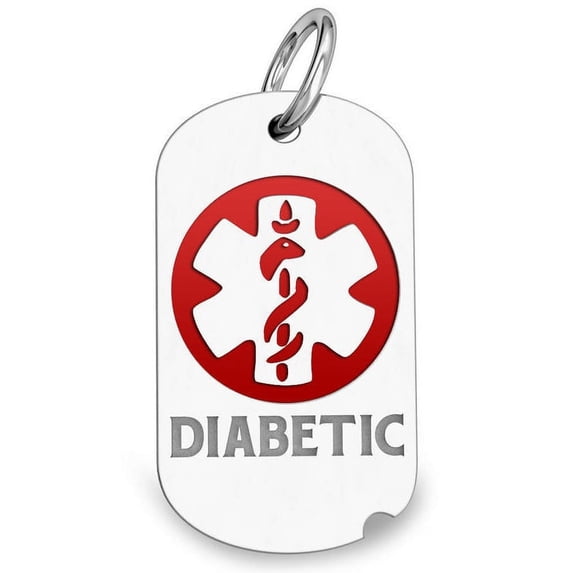 Picturesongold.Com Sterling Silver Dog Tag Diabetic ID Charm or Pendant W/ Red - 3/4 inch x 1-1/4 inch