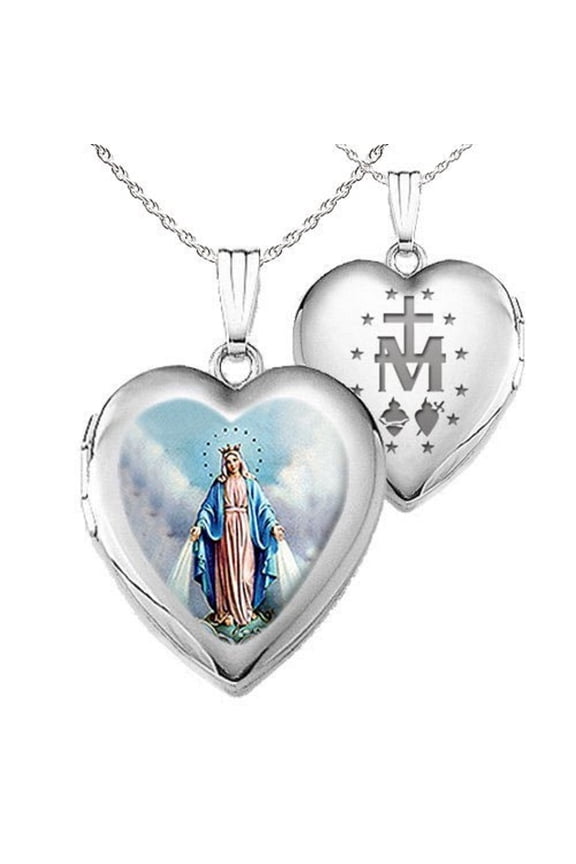 Sterling Silver Miraculous Medal Heart Locket Necklace Adult - 3/4 in