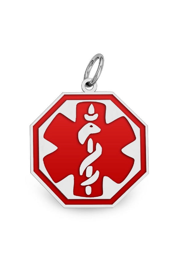 Sterling Silver Octagon Medical ID Charm or Pendant W/ Red Enamel - 1-1/4 inch x 1-1/4 inch