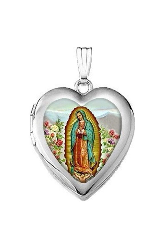 Sterling Silver Our Lady of Guadalupe Heart Locket - 2/3 inch x 2/3 inch