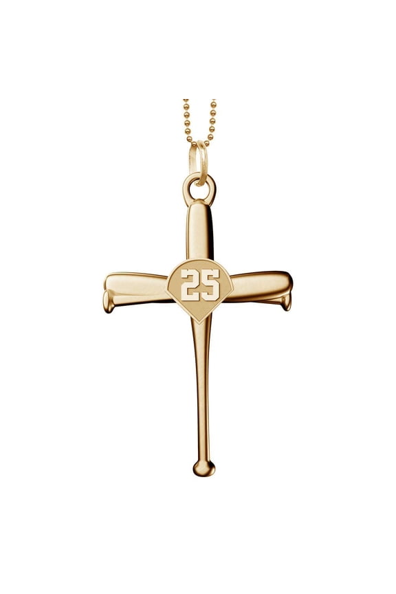 Yellow Gold Stainless Baseball Bat Cross Pendant Unisex Adult w/20in Chain 3/4inx11/4 Number25