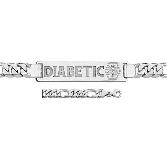 Picturesongold.com Sterling Silver Diabetic Medical ID Bracelet W/Figaro Chain 7-1/2 Inch