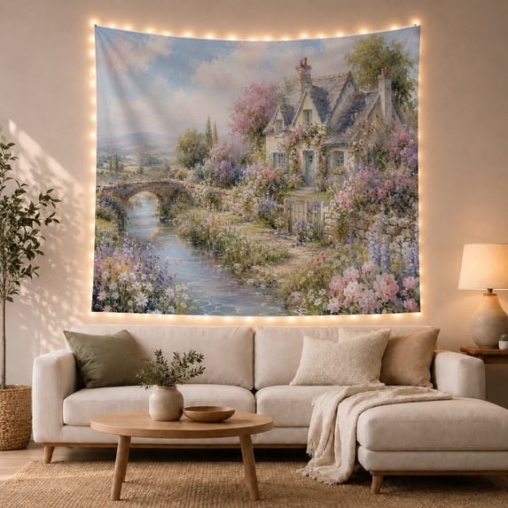 Picturesque Countryside Landscape in Quaint Scene, Dreamy Romantic Painterly for Nature Lovers, Pastoral Wall Art, Mother's Day Gift Wall Tapestry Wall Hanging for Bedroom and Living Room