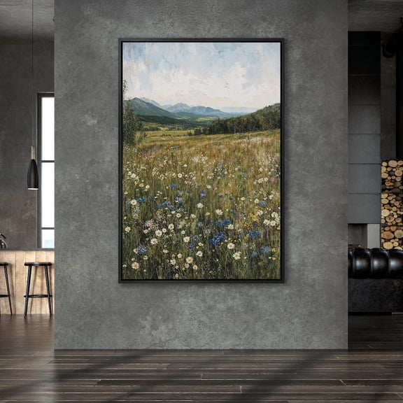 Picturesque Mountain Wildflower Scene, Country Landscape Poster, Wall Art, Rustic Nature Scenery, Ready To Hang Artwork, Unframed Canvas Size 8x12