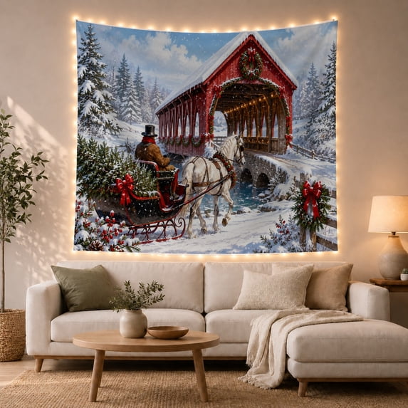 Picturesque Red Covered With Bridge, Mystical Fantasy for Space Lovers, Galaxy Room Decor Room Accent, Christmas Gift, Tapestry Wall Hanging for Bedroom and Dorm