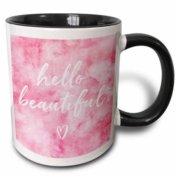 3drose, Picturing Hello Beautiful Pink Watercolor, 15oz Two-tone Black Mug