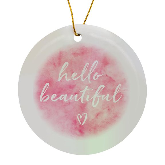 3drose, Picturing Hello Beautiful Pink Watercolor, Circle Porcelain Ornament