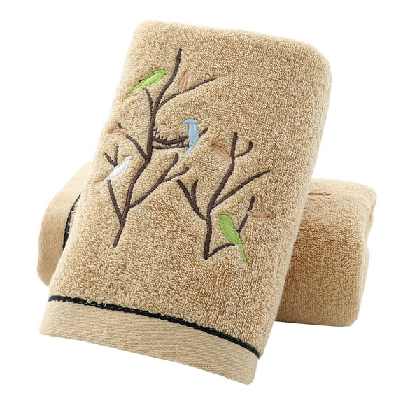 Pidada 100% Cotton Embroidered Bird Tree Pattern Hand Towels for Bathroom Set of 2 (Brown)