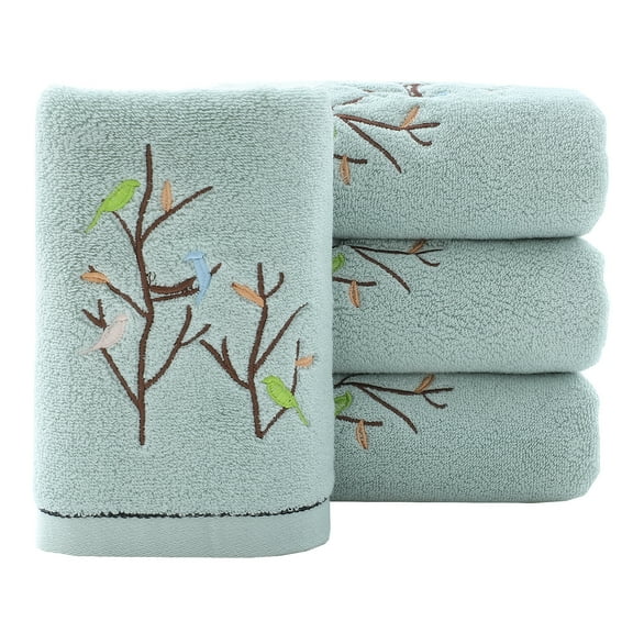 Pidada 100% Cotton Embroidered Bird Tree Pattern Hand Towels for Bathroom Set of 4 (Aqua Green)