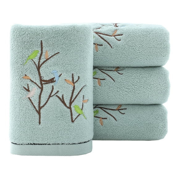 Pidada 100% Cotton Embroidered Bird Tree Pattern Hand Towels for Bathroom Set of 4 (Aqua Green)