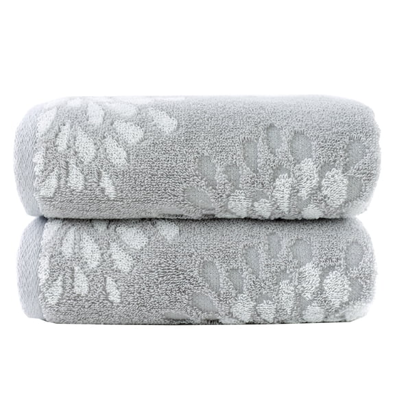 Pidada 100% Cotton Hydrangea Floral Pattern Hand Towels for Bathroom Set of 2 (Light Gray)