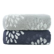 Pidada 100% Cotton Hydrangea Floral Pattern Hand Towels for Bathroom Set of 2 (Light Grey & Denim Blue)