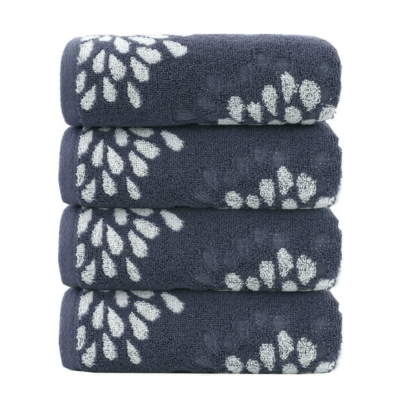 Pidada 100% Cotton Hydrangea Floral Pattern Hand Towels for Bathroom Set of 4 (Denim Blue)