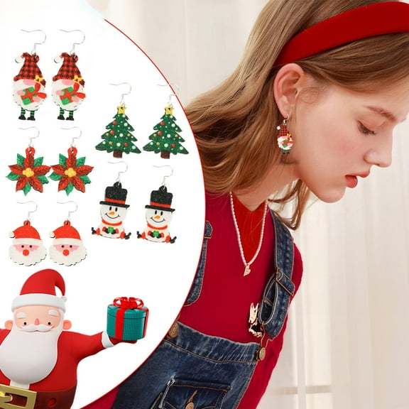 FastXmas 1PC Women's Christmas Earrings, Girls Santa Christmas Tree Christmas Snowman Maple Leaf Santa's Elf With Gift Style Earrings For Christmas Friends Earring Gift