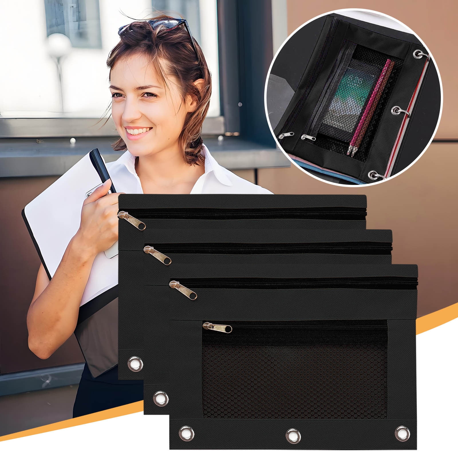 102 Pack Pencil Pouch For 3 Ring Binder – 6 Colors, Zipper, Oxford Cloth, Clear Window (9.8x7.1 In)