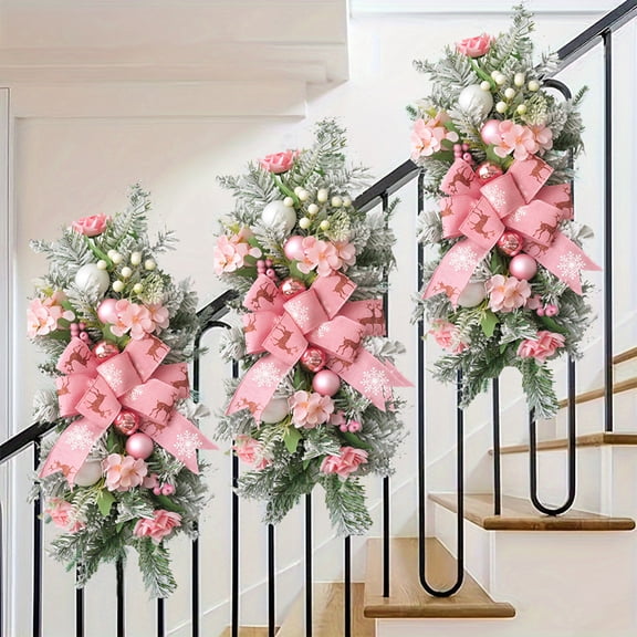 FastXmas Christmas Faux Teardrop Wreath Decorations,1Pc 22 In Christmas Stair Swags with Pink Bowknot, Winter Pine Needles,Decorative Balls,Berries Vines for Front Door Wall Window Stair Xmas Decor