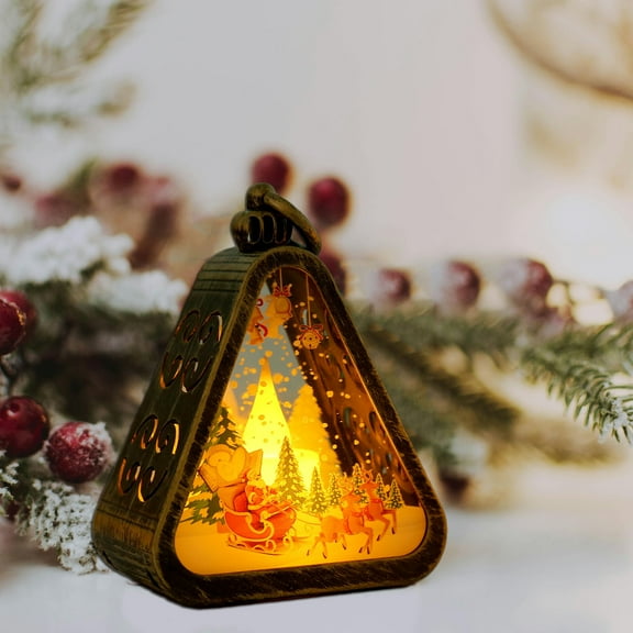 FastXmas Christmas Retro Night Light, Christmas Luminous Vintage Desktop Ornament Santa Reindeer Light Battery Operated Forest Scene Lighted Lantern Ornaments for Christmas Holiday Party Garden Decor